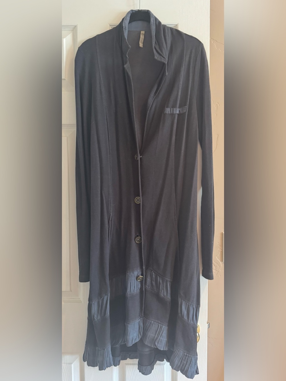 XCIV Long Black Button-Up Cotton Cardigan with Ruffled Hem sz M